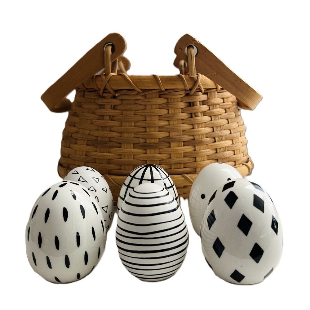 Vintage Handmade Gathering Basket & 6 Ceramic Eggs
